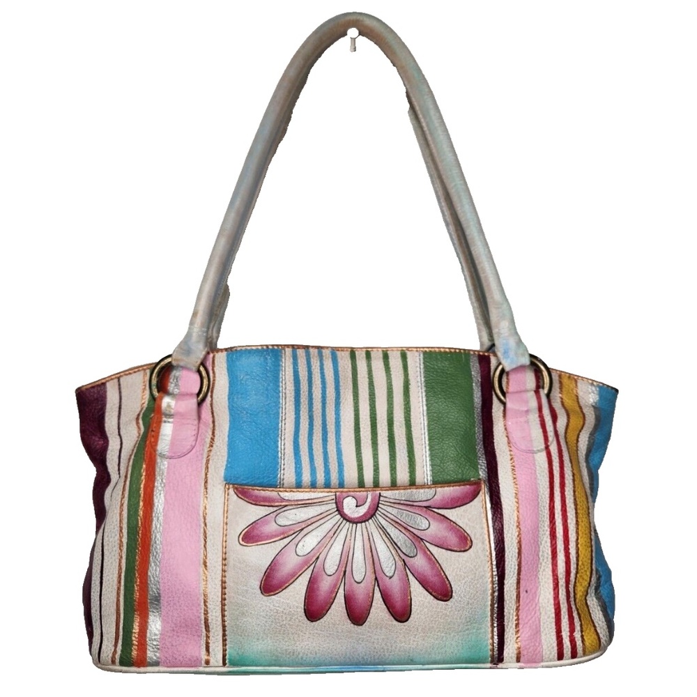 Anuschka Hand Painted Leather Bag Double Handled Purse Floral Colorful Supple